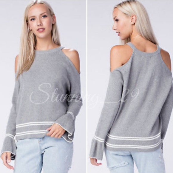🆕️GREY COLD SHOULDER BELL SLEEVE KNIT SWEATER - Picture 2 of 5
